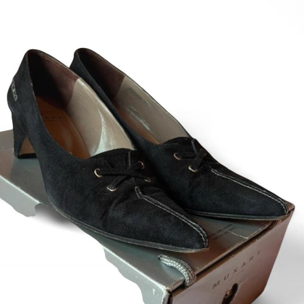 Muxart Barcelona Vintage Black Suede Pointed-Toe Lace-Up Heels. EU 40.5
